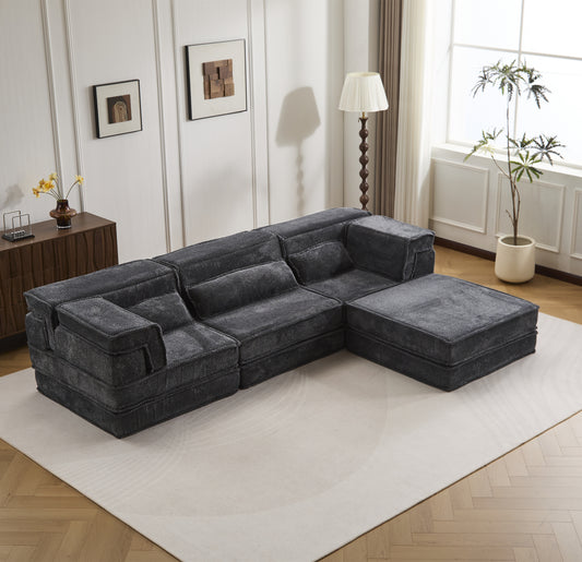 Kompressions-Mahjong-Sofa, umklappbares Boden-Sofabett, DIY knochenloses modulares Sektionssofa, keine Montage erforderlich, Kreis-Fleece-Stoff, überdimensioniertes 3-Sitzer-Sofa mit 1 Hocker, Dunkelgrau