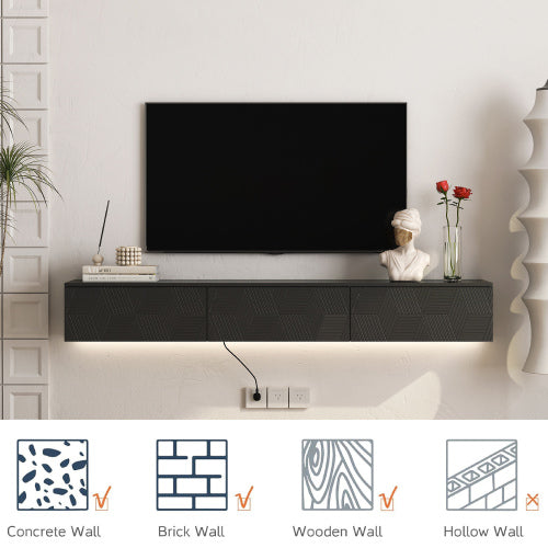 Floating TV Stand Wall Mounted With 16 Color LEDs,Modern TV Stand, Floating TV Cabinet Entertainment Center For 55 60 65 Inch TV,Black