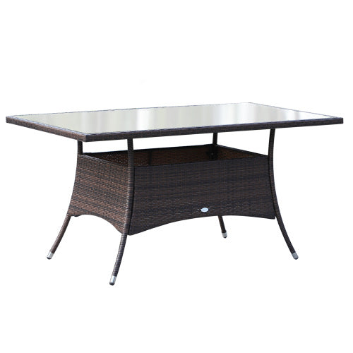 Outsunny 6-Sitzer-Rattan-Esszimmergarnitur mit Polstern, Rattan-Gartenmöbel-Set mit 6 Armstühlen, rechteckiger Tisch mit Glasplatte, Außenesszimmer-Tisch und -Stühle, Braun