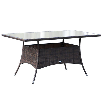 Outsunny 6-Sitzer-Rattan-Esszimmergarnitur mit Polstern, Rattan-Gartenmöbel-Set mit 6 Armstühlen, rechteckiger Tisch mit Glasplatte, Außenesszimmer-Tisch und -Stühle, Braun