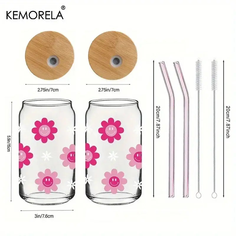 Clear glass 470ml pink smiling flower tumbler with bamboo lid and matching pink straw by decorbites for kitchen use