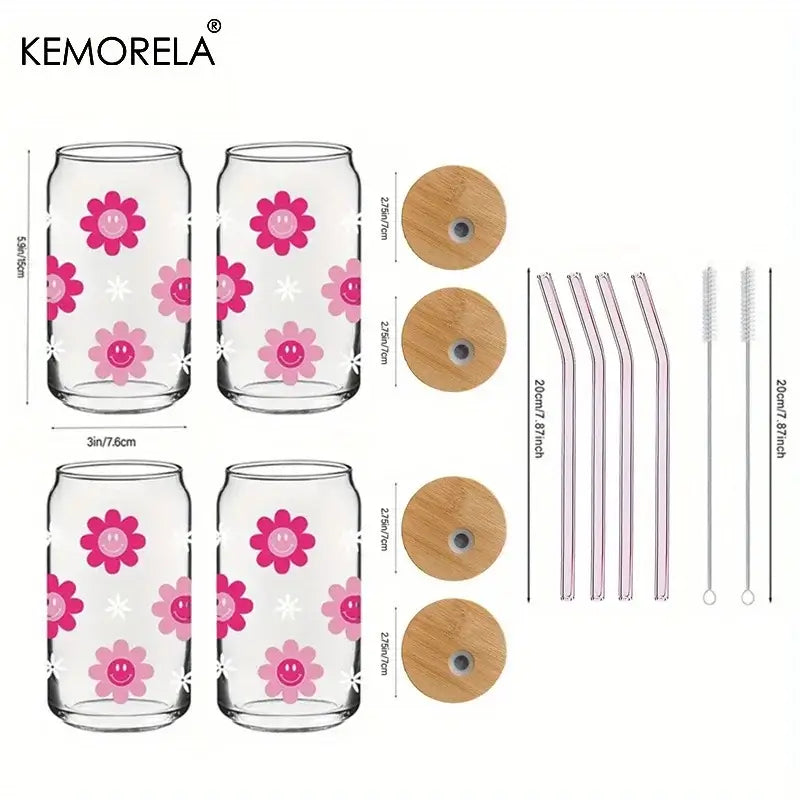 Clear glass 470ml pink smiling flower tumbler with bamboo lid and straw decorbites 470ml pink kitchen glass