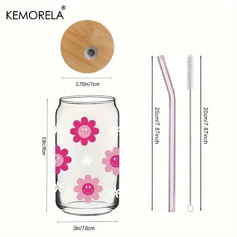 Clear glass tumbler with pink smiling flower decals and white stars featuring bamboo lid decorbites 470ml pink