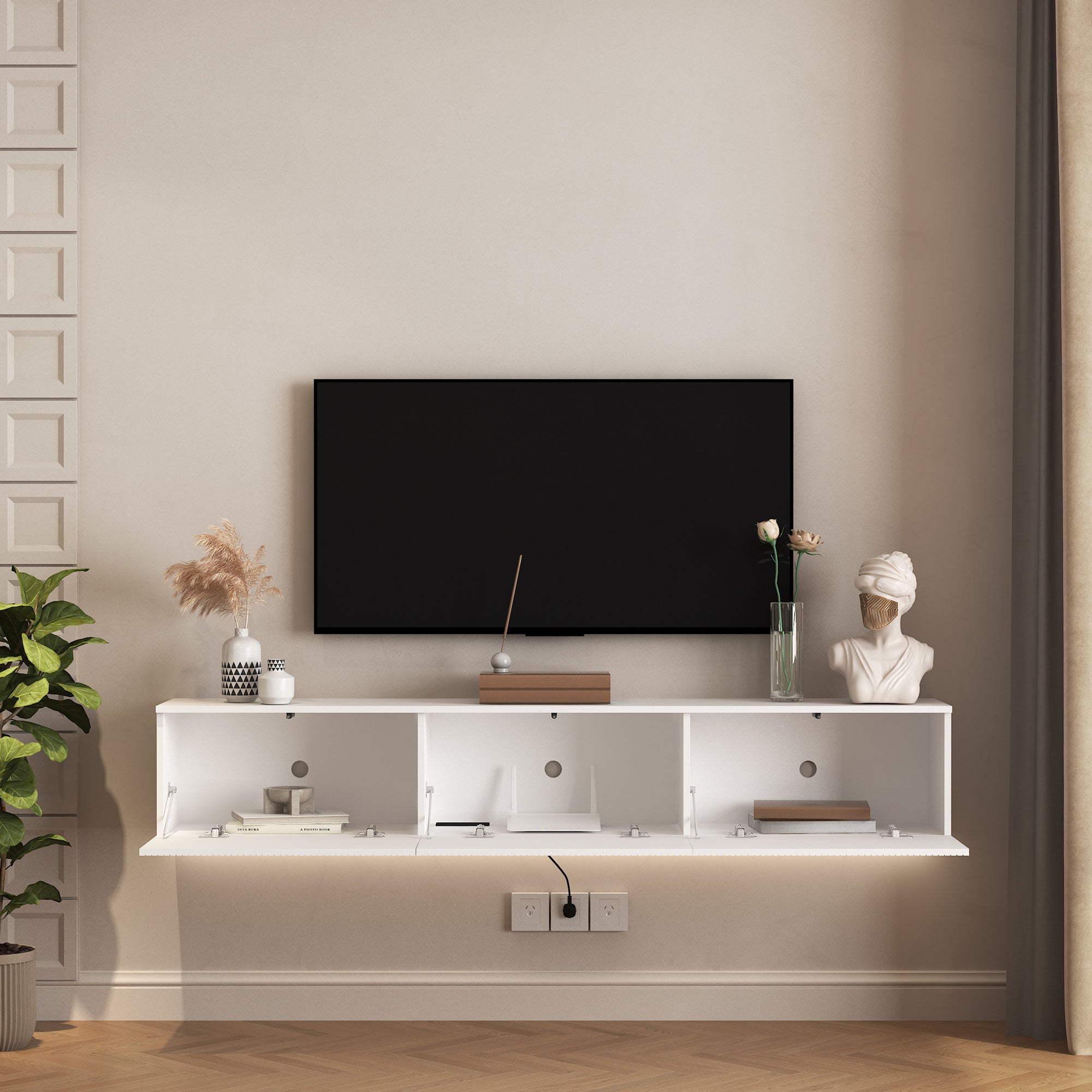 Schwebender TV-Ständer Wandmontiert mit 16-farbigen LEDs, Moderner TV-Ständer, Schwebender TV-Schrank Entertainment-Center für 55 60 65 Zoll TV