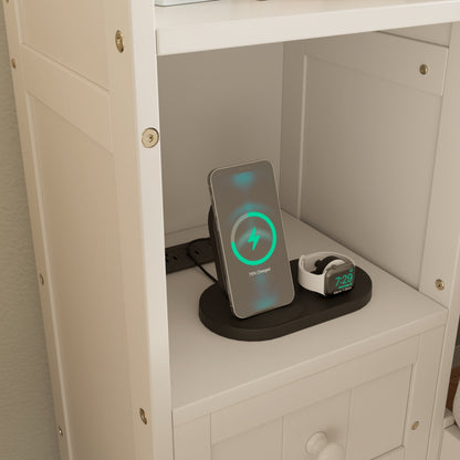 Königliche Größe Kiefernholz-Platform-Bett mit All-in-One 2 Nachttischen, Stauraum-Regal und Schrank-Bücherregal mit 2 Ladeeinrichtungen, Multifunktionales Kapitäns-Bettgestell mit 3 Schubladen, Kein Boxspring-Fundament erforderlich