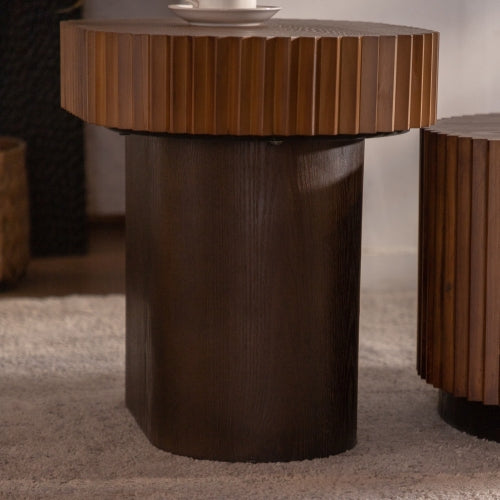 Handcraft Round Nesting Coffee Table Set Of 2, - Chic Wave Stripe Edge, Modern Stylish Wooden Circle Fluted Center Table For Living Room