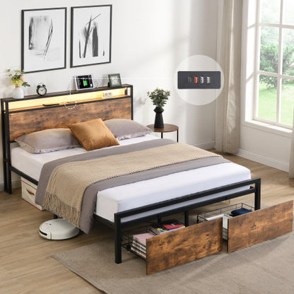 Bettgestell in Vollgröße mit Stauraum-Kopfteil und 2 Schubladen, LED-Beleuchtetes Bett mit Lade-Station, Metall-Plattformbett ohne Geräusche