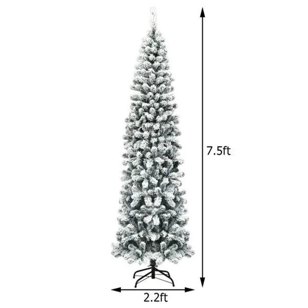 2,29 m schneegeflockter Bleistift-Weihnachtsbaum - 641 Astspitzen, 350 warme LED-Lichter, PVC+Metall