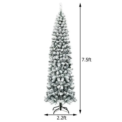 2,29 m schneegeflockter Bleistift-Weihnachtsbaum - 641 Astspitzen, 350 warme LED-Lichter, PVC+Metall