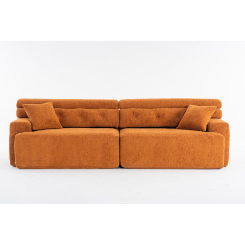 LY-029 ORANGE KOMPRESSIONS-SOFA 4-Sitzer Kombiniertes Sofa, Holzmaserung-Chenille-Stoff, Voll-Schwamm-Kompressionssofa, kombiniertes Sofa mit 2 Kissen für Wohnzimmer Möbel Wohnung