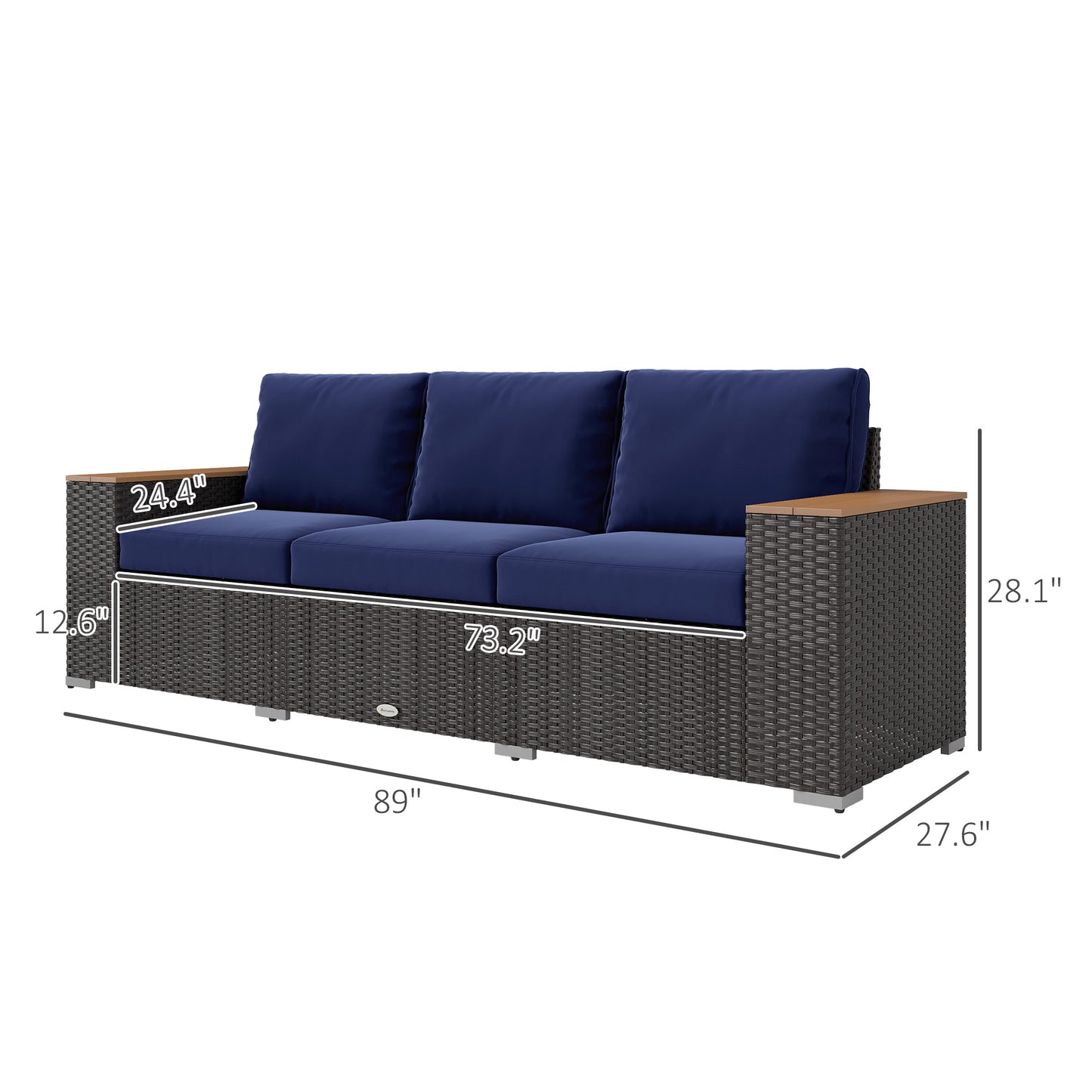 3-Sitziges Außenterrassen-Sofa mit Polstern, PE-Rattan-Geflecht-Sofa mit breiten Armlehnen, Outdoor-Geflecht-Couch, Marineblau