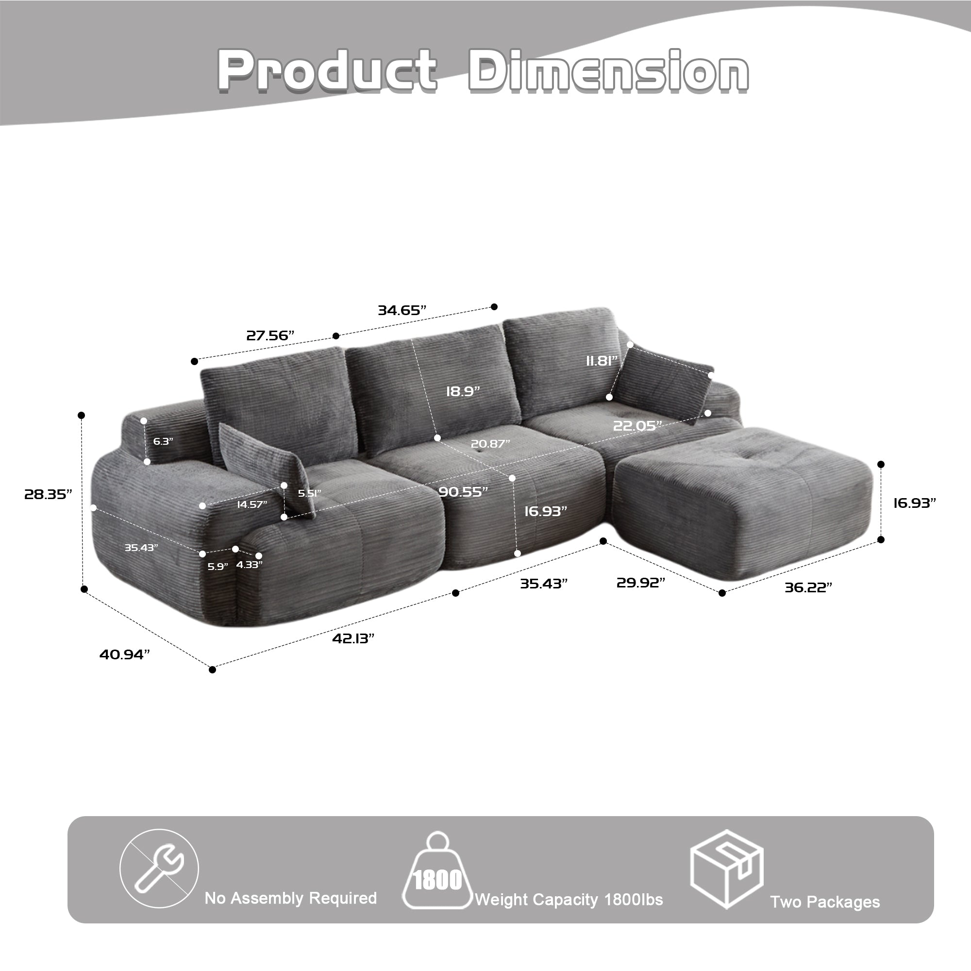Grey Corduroy Sectional Sofa No-Assembly Cushions