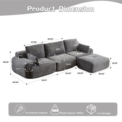 Moderne Kompressions-Matratzen-Sofa, Große Ecksofas für das Wohnzimmer, Haustierfreundliches Wolkenmodulares Ecksofa, Kordstoff, Extra Tiefes Zweiersofa, Keine Montage erforderlich, GRAU