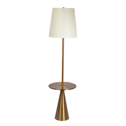 Himmelsmoderne Stehlampe mit Messing-Akzenttisch und großer weißer Lampenschirm