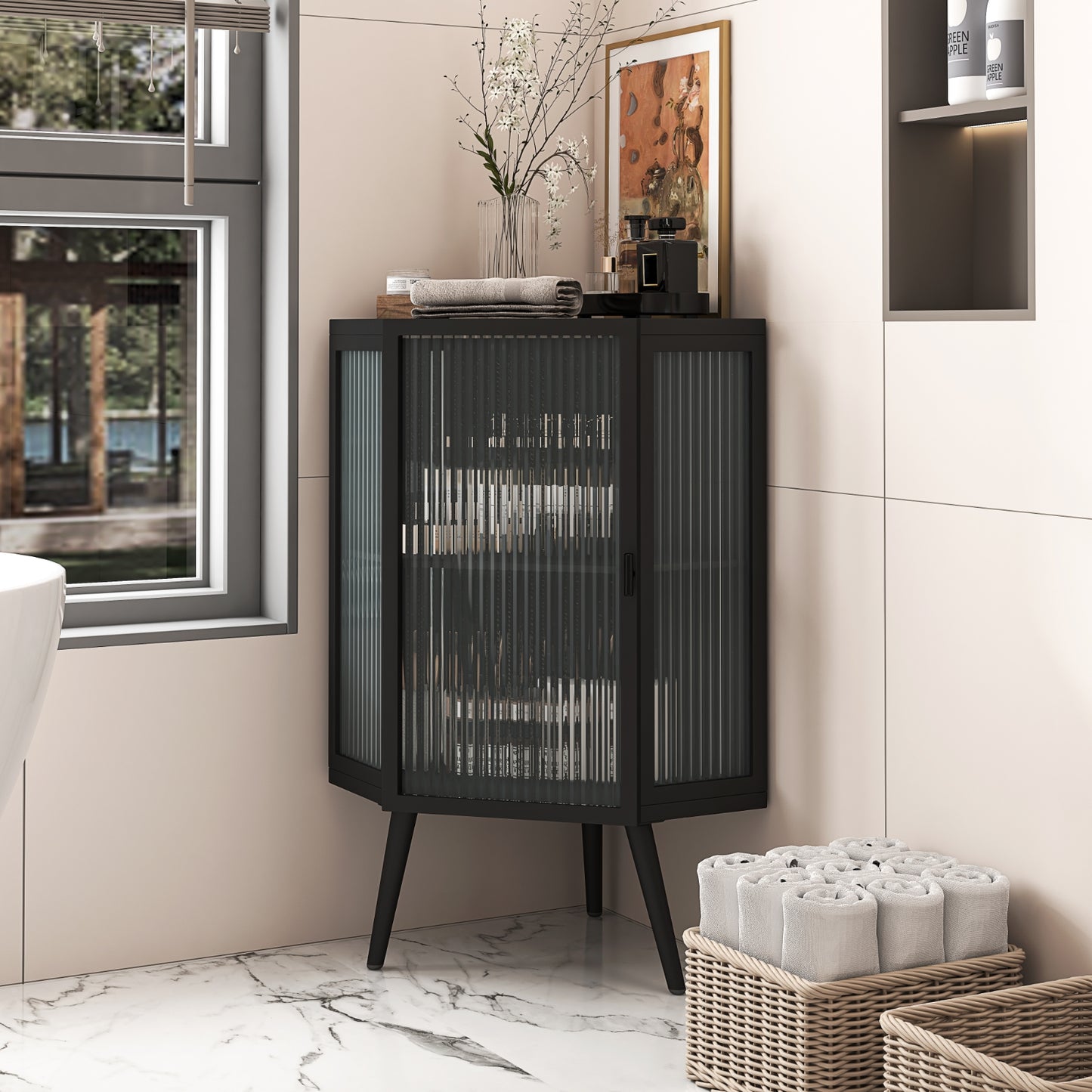 22.25 Floor Corner Cabinet With Glass Door   Shelves For Bathroom, Living Room