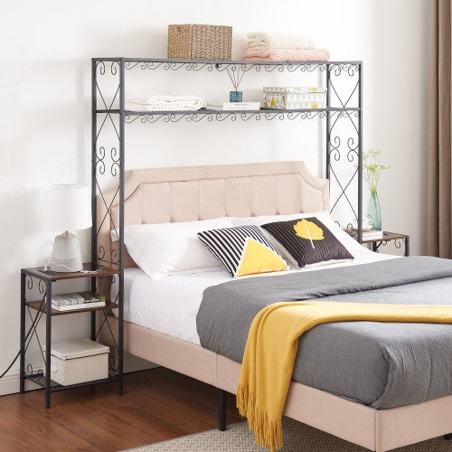 Queen-Bettgestell mit 2 Nachttischen, Kopfteilen mit Stauraum-Schrank, Kopfteil mit Regalen, Bücherregal-Kopfteil Queen, einfache Montage für das Schlafzimmer, Eisen und Holz, rustikal braun