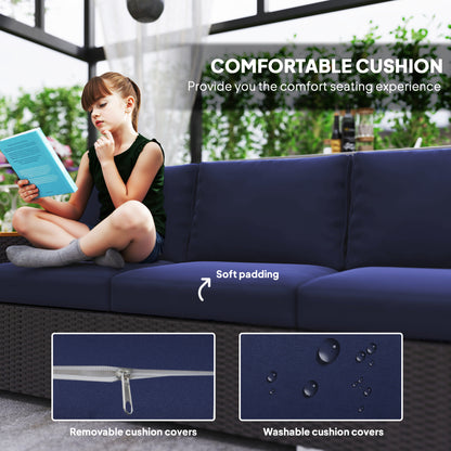 3-Sitziges Außenterrassen-Sofa mit Polstern, PE-Rattan-Geflecht-Sofa mit breiten Armlehnen, Outdoor-Geflecht-Couch, Marineblau