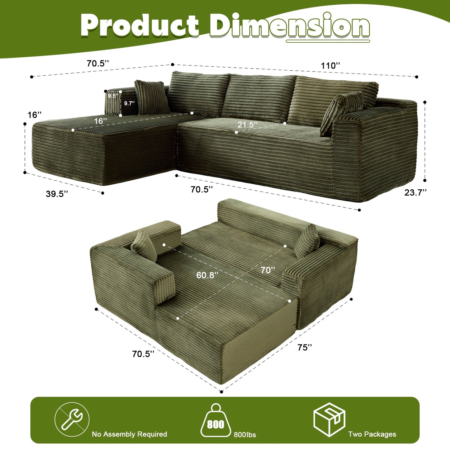 L-förmiges Kompressions-Sofabett mit Nesselstoff - Umwandelbare Ecksofa, ausklappbare Boden-Couch-Schlafplatz, platzsparende flanellartige Lounge für kleine Wohnungen, Wohnzimmer & Spielzimmer OHNE TUME