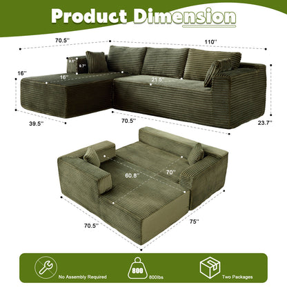 L-förmiges Kompressions-Sofabett mit Nesselstoff - Umwandelbare Ecksofa, ausklappbare Boden-Couch-Schlafplatz, platzsparende flanellartige Lounge für kleine Wohnungen, Wohnzimmer & Spielzimmer OHNE TUME