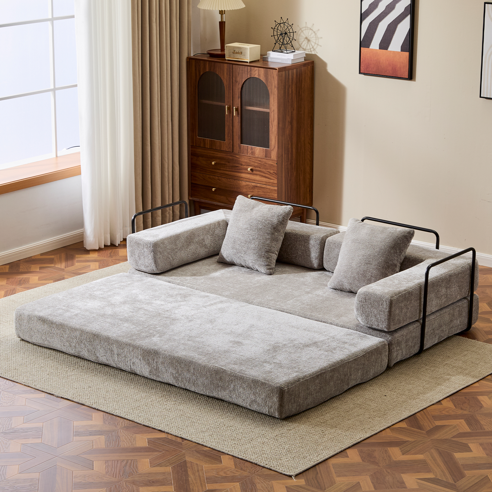 Boden-Couch, Kompressions-Sofa, Umwandelbares Boden-Sofa-Bett – mit Kissen-Rückenlehne und Armlehne, Bequeme Futon-Couch-Liege-Schlafsofa, Chenille-Stoff, für Wohnzimmer und Schlafzimmer HELLGRAU