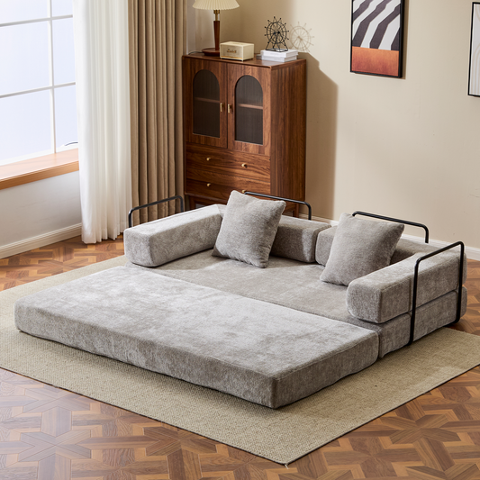 Boden-Couch, Kompressions-Sofa, Umwandelbares Boden-Sofa-Bett – mit Kissen-Rückenlehne und Armlehne, Bequeme Futon-Couch-Liege-Schlafsofa, Chenille-Stoff, für Wohnzimmer und Schlafzimmer HELLGRAU
