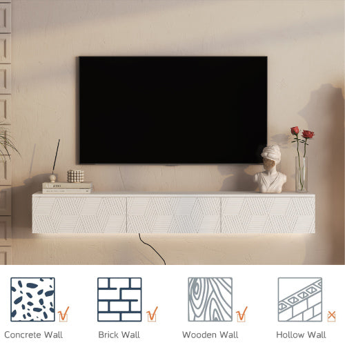 Wandmontiertes Schwebendes TV-Board mit 16-farbigen LEDs, Modernes TV-Board, Schwebendes TV-Schränkchen als Medienzentrum für 55-60-65-Zoll-Fernseher, Weiß