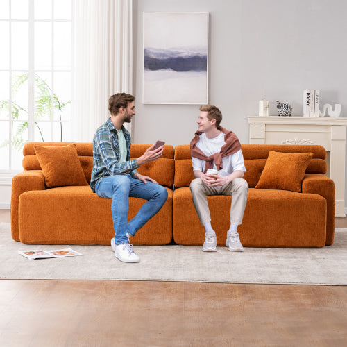 LY-029 ORANGE KOMPRESSIONS-SOFA 4-Sitzer Kombiniertes Sofa, Holzmaserung-Chenille-Stoff, Voll-Schwamm-Kompressionssofa, kombiniertes Sofa mit 2 Kissen für Wohnzimmer Möbel Wohnung