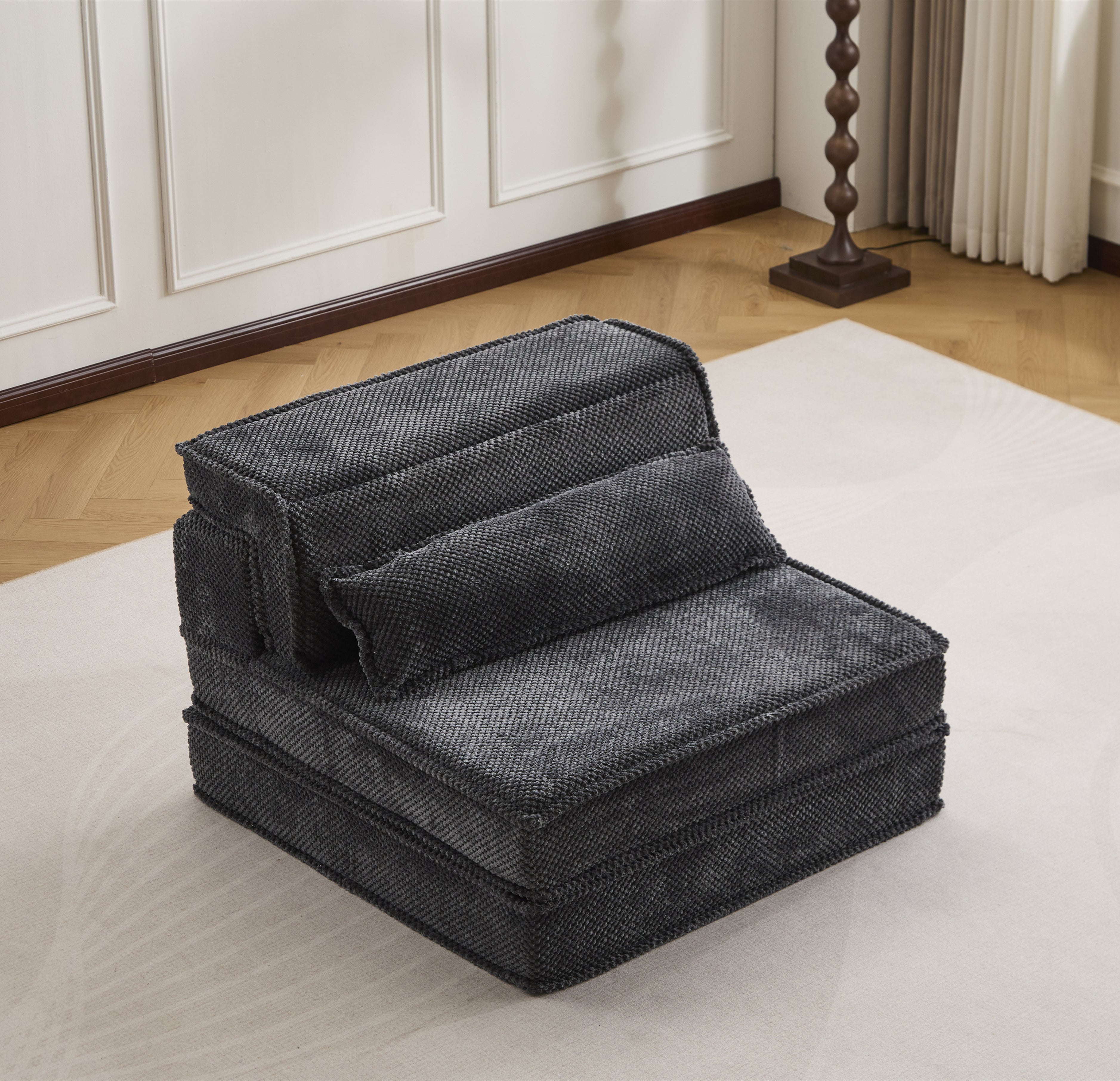 Kompressions-Mahjong-Sofa, umklappbares Boden-Sofabett, DIY knochenloses modulares Sektionssofa, keine Montage erforderlich, Kreis-Fleece-Stoff, überdimensioniertes Einzelsofa mit 1 Kissen, Dunkelgrau