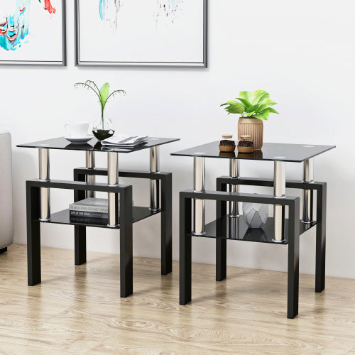 Set aus 2, Modernes Temperglas-Teetisch Couchtisch Beistelltisch, Quadratischer Tisch für das Wohnzimmer, Schwarz