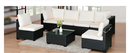 Beliebtes Siebenteiliges Sofasofa-Set mit Tisch, Sofa-Sessel, Schwarzes PE-Rattan, Outdoor, Neues Design Möbel 7-JH002 Kiste 3-1-2-3 mit Weißem Farbigen Kissen