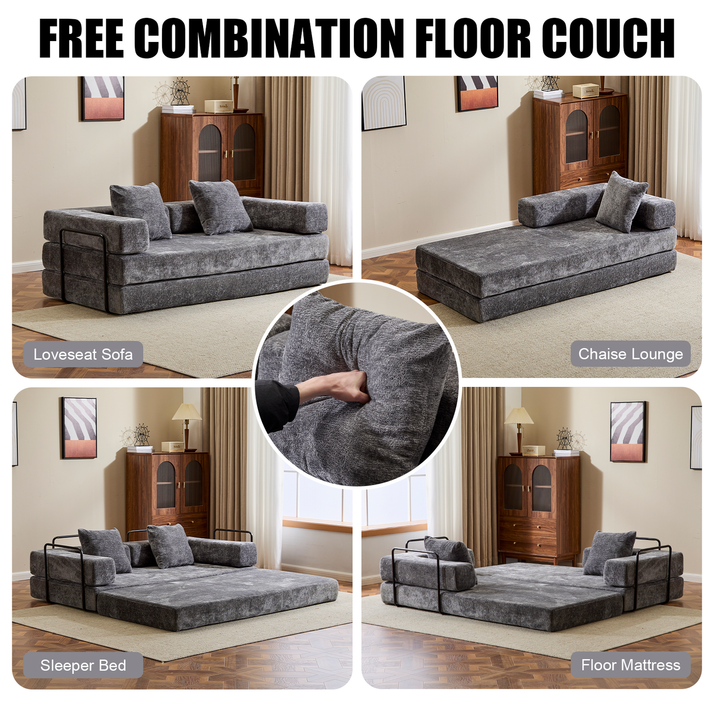 Boden-Couch, Kompressions-Sofa, Umwandelbares Boden-Sofa-Bett – mit Kissen-Rückenstütze und Armlehne, Bequeme Futon-Couch-Liege-Schlafsofa, Chenille-Stoff, für Wohnzimmer und Schlafzimmer DUNKELGRAU