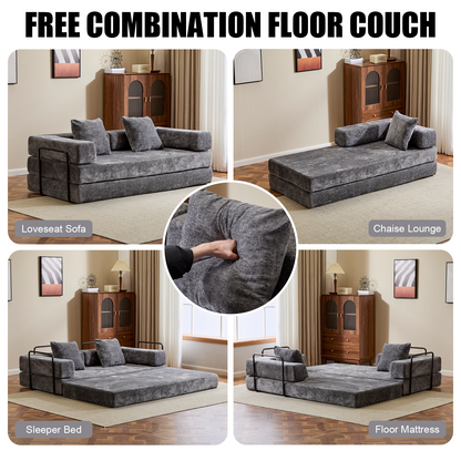 Boden-Couch, Kompressions-Sofa, Umwandelbares Boden-Sofa-Bett – mit Kissen-Rückenstütze und Armlehne, Bequeme Futon-Couch-Liege-Schlafsofa, Chenille-Stoff, für Wohnzimmer und Schlafzimmer DUNKELGRAU