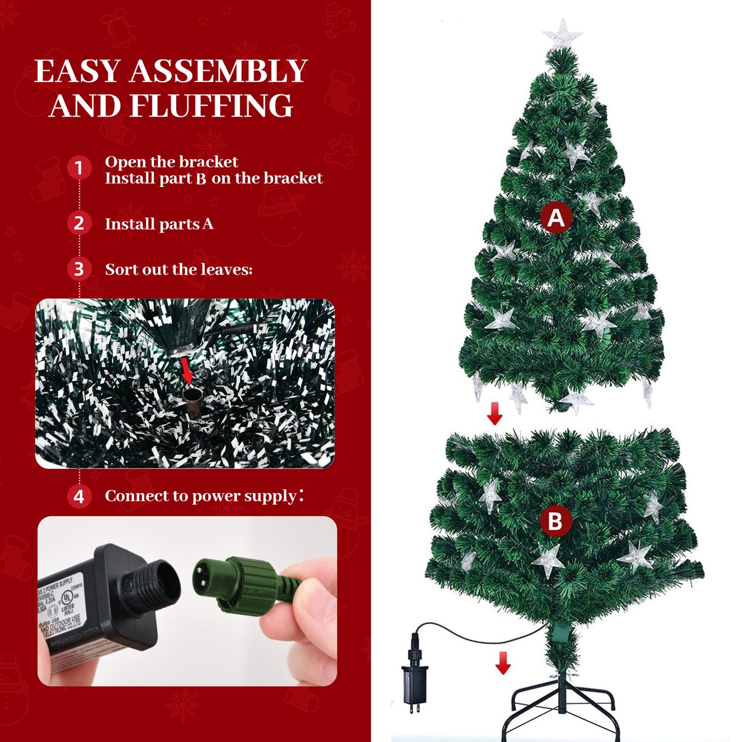 7FT Vorbeleuchteter Glasfaser-Weihnachtsbaum mit großen Sternen, Künstlicher Weihnachtsbaum Fichte grüner Baum mit Metallständer, Voller Baum für Feiertagsdekoration