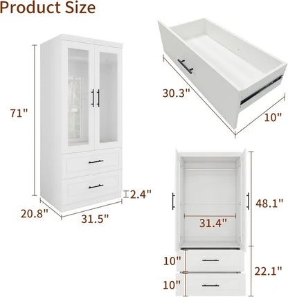 Kleiderschrank Garderobe Schrank mit 2 Glastüren, 71" hoher Schlafzimmer-Kleiderschrank mit 2 Schubladen, Schrank mit Kleiderstange für das Schlafzimmer, Holzkleiderschränke und Garderoben