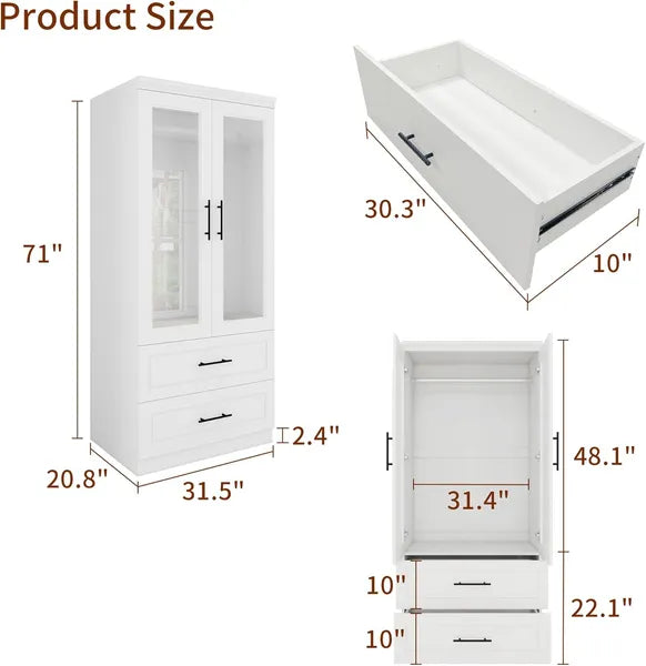 Kleiderschrank Garderobe Schrank mit 2 Glastüren, 71" hoher Schlafzimmer-Kleiderschrank mit 2 Schubladen, Schrank mit Kleiderstange für das Schlafzimmer, Holzkleiderschränke und Garderoben
