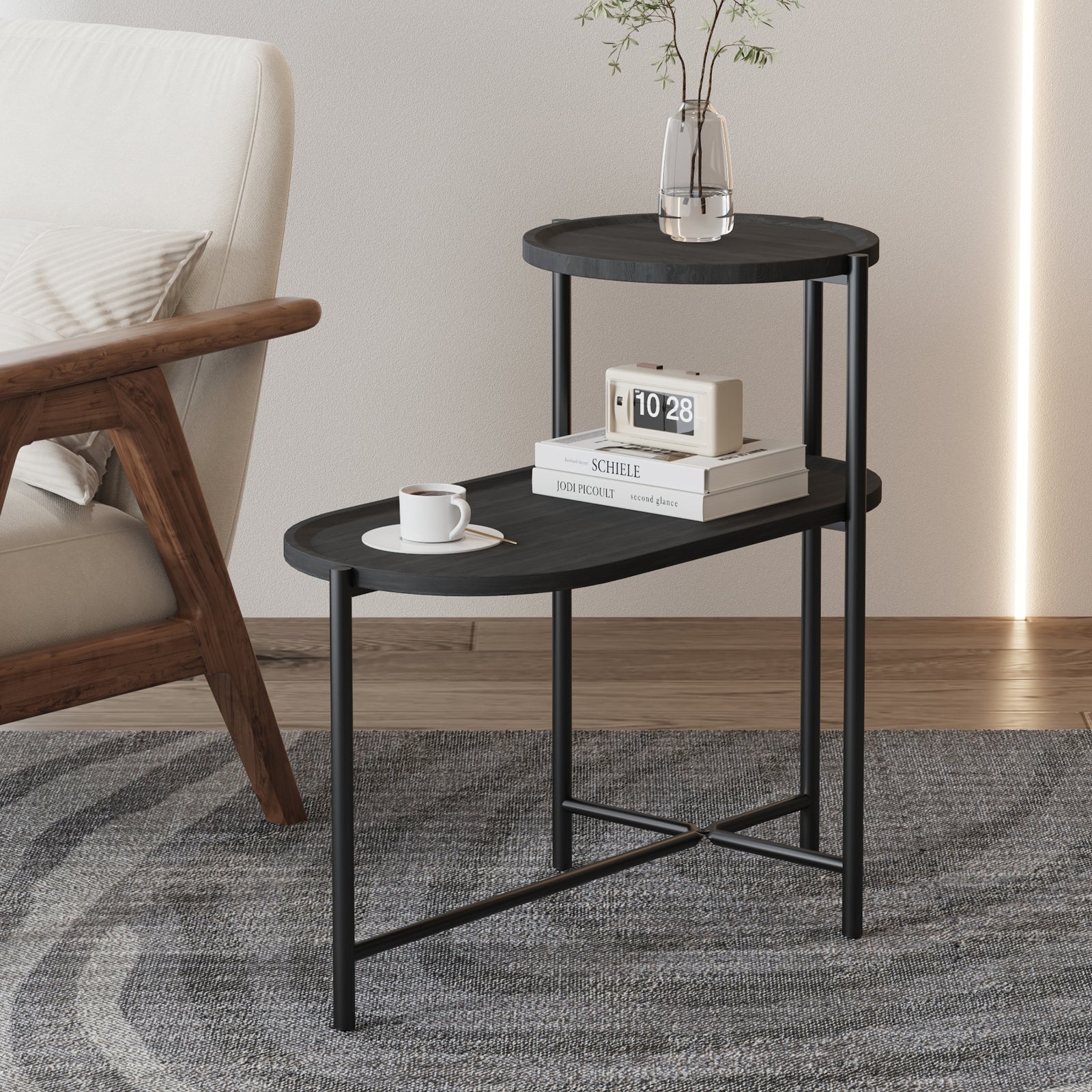 Runder Couchtisch mit Stauraumtablett 2-stufiges ovales Beistelltisch Holz kleiner Beistelltisch für das Wohnzimmer