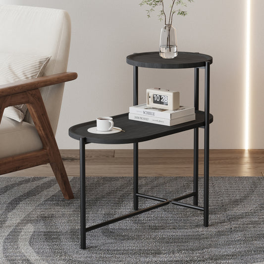 Runder Couchtisch mit Stauraumtablett 2-stufiges ovales Beistelltisch Holz kleiner Beistelltisch für das Wohnzimmer