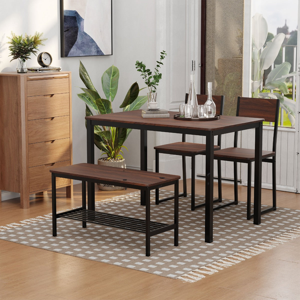 Industrielles 4-teiliges Esszimmer-Tisch-Set mit Bank, Küchentisch und Stühlen mit Stauraum für die Küche