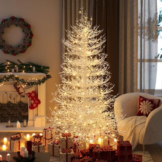 6FT Vorbeleuchteter Aspen-Fir Kunstlicher Weihnachtsbaum, Scharnierter Weihnachtsbaum mit 623 Schneebeflockten Astspitzen, 420 Warmweißen LED-Lichtern, Feiertags-Korallen-Weihnachtsbaum für Zuhause und Feiern