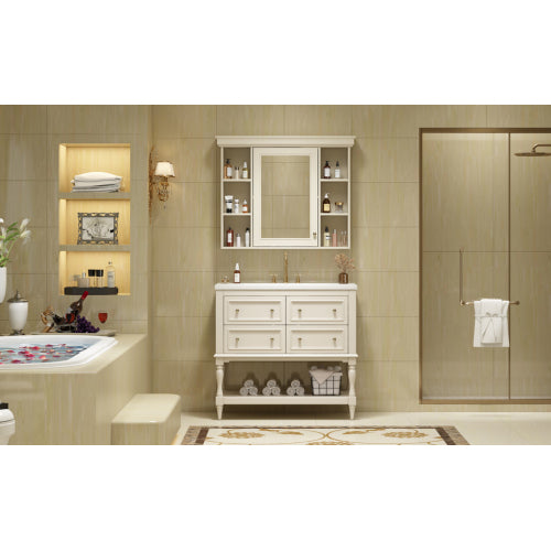 36'' Badezimmer-Waschständer mit Medizinschrank, moderner Spiegelschrank mit einstellbarem Regal, Badezimmer-Aufbewahrungsschrank mit 4 Schubladen, Badezimmer-Aufbewahrungsschrank mit massivem Holzrahmen