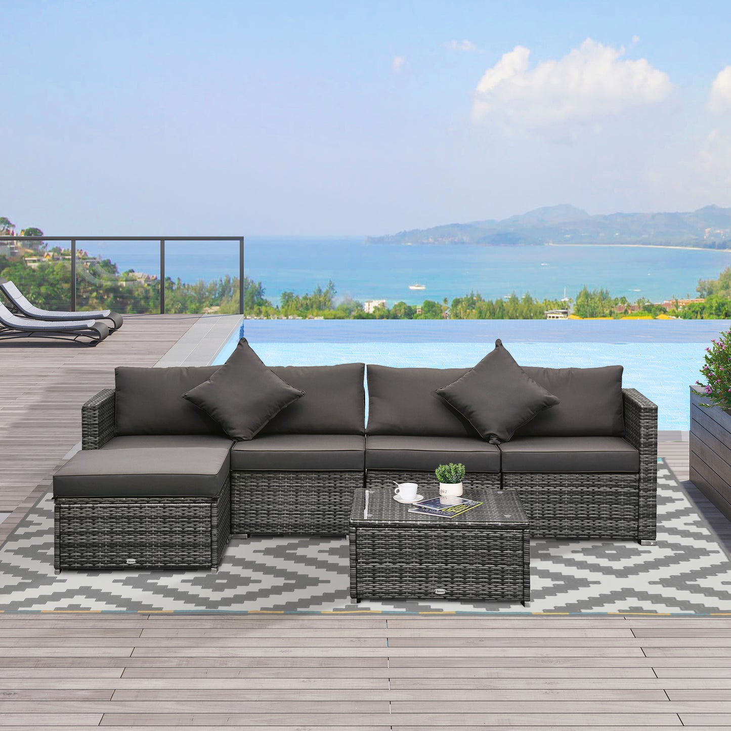 6-teiliges Terrassenmöbel-Set Outdoor-Gesprächsset Ganzjährig wetterbeständiges PE-Modulsofa-Set mit Hocker