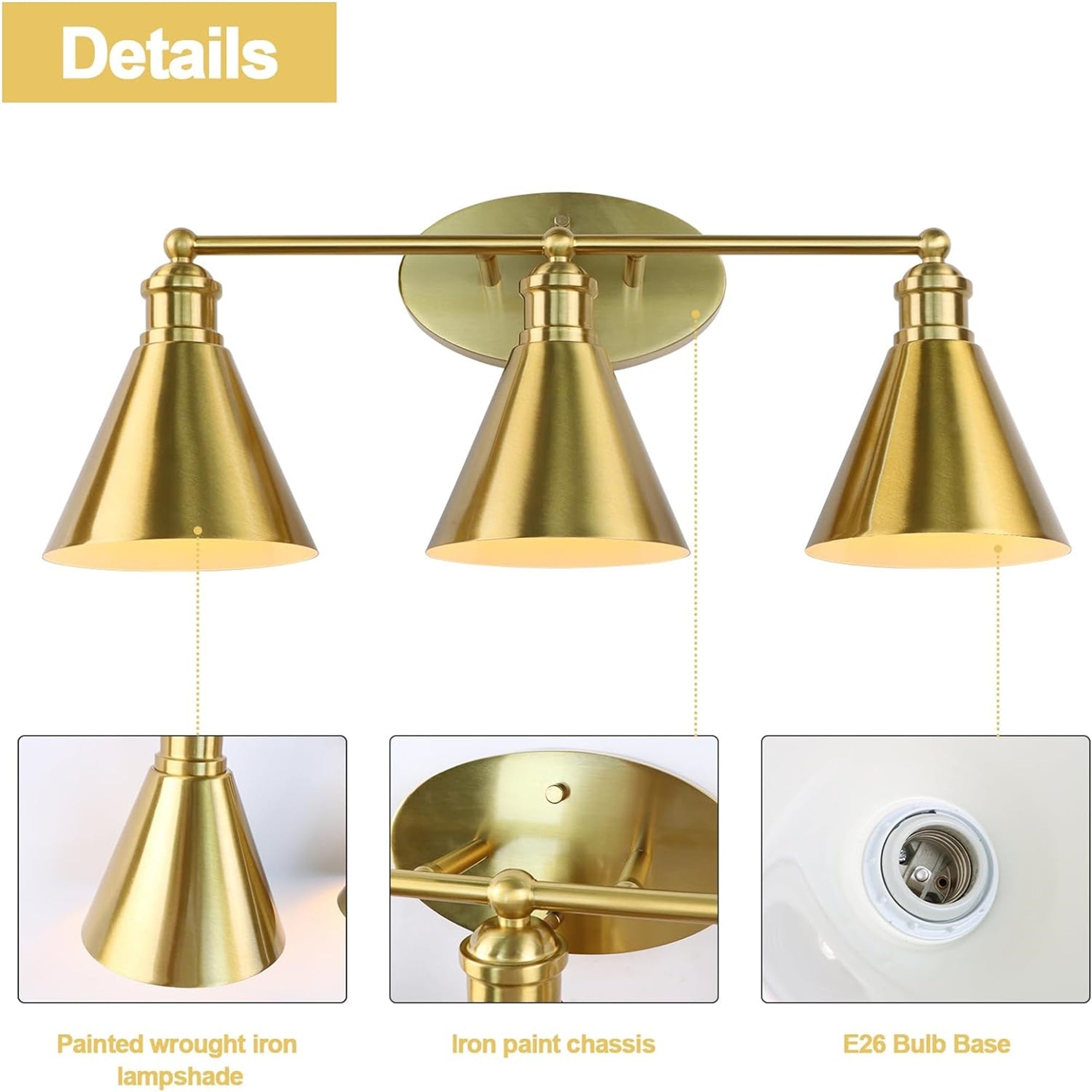 Badezimmer 3-Licht-Beleuchtung Armaturen über dem Spiegel, 24-Zoll Gold Badezimmer Rostschutz-Wandlampe für Badezimmer Dusche Toilette E26 Glühbirnen
