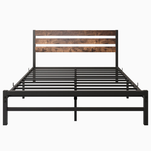 Queen-Size-Platform-Bettgestell mit rustikalem, vintage Holz-Kopfteil, starke Metallleisten stützen die Matratzenunterlage, keine Boxspring-Federkern erforderlich, rustikales Braun