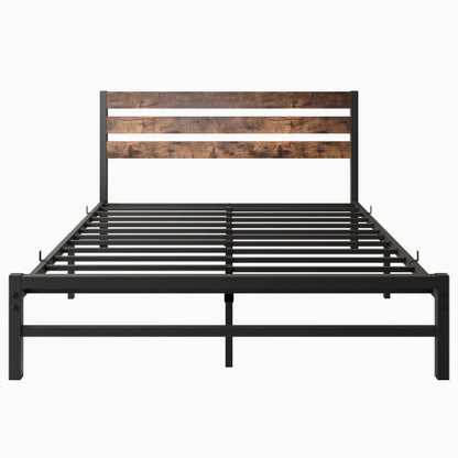 Queen-Size-Platform-Bettgestell mit rustikalem, vintage Holz-Kopfteil, starke Metallleisten stützen die Matratzenunterlage, keine Boxspring-Federkern erforderlich, rustikales Braun