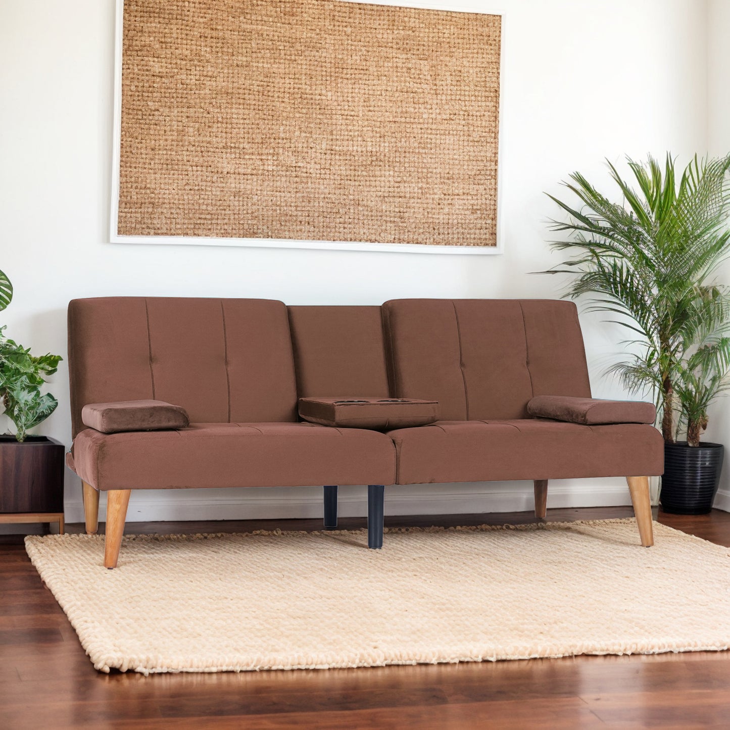 Modern Velvet Upholstered Futon Sofa Bed With 2 Cup Holders For Living Room