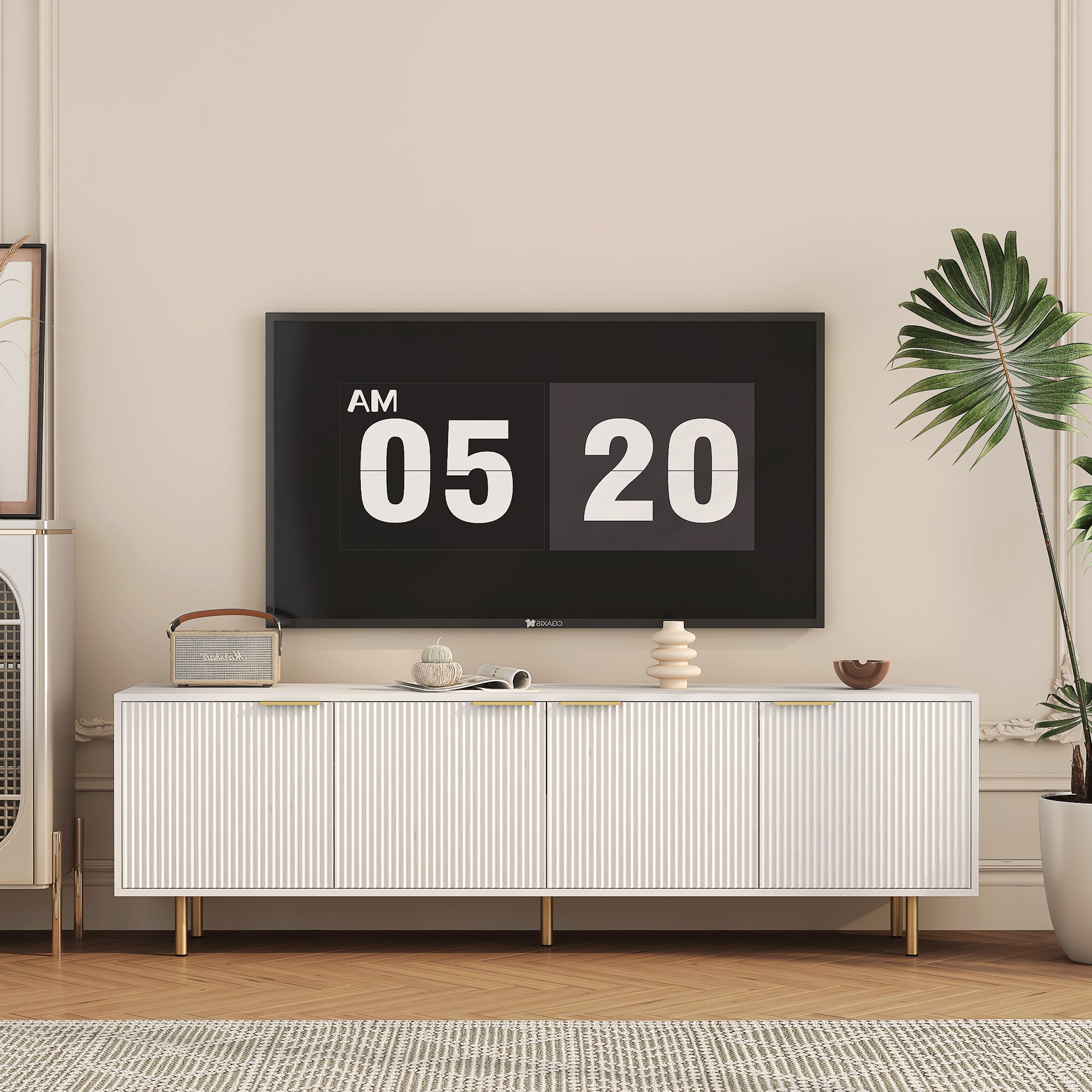Weißes modernes TV-Ständer Fluted T, Entertainment-Center mit Stauraumtüren, TV-Konsole Medienschrank, für 55-Zoll-TV, Wohnzimmer