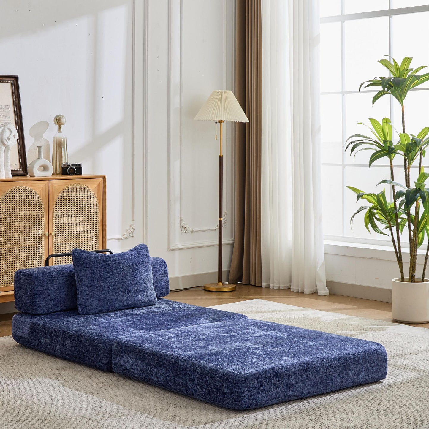 Kompressions-Sofa, Umklappbares Boden-Sofa-Bett mit feststehendem Formrahmen, Einzelner Sitzplatz ohne Knochen modularer Sektionssofa, Keine Montage erforderlich, Chenille-Stoff, für Wohnzimmer und Schlafzimmer, Dunkelblau