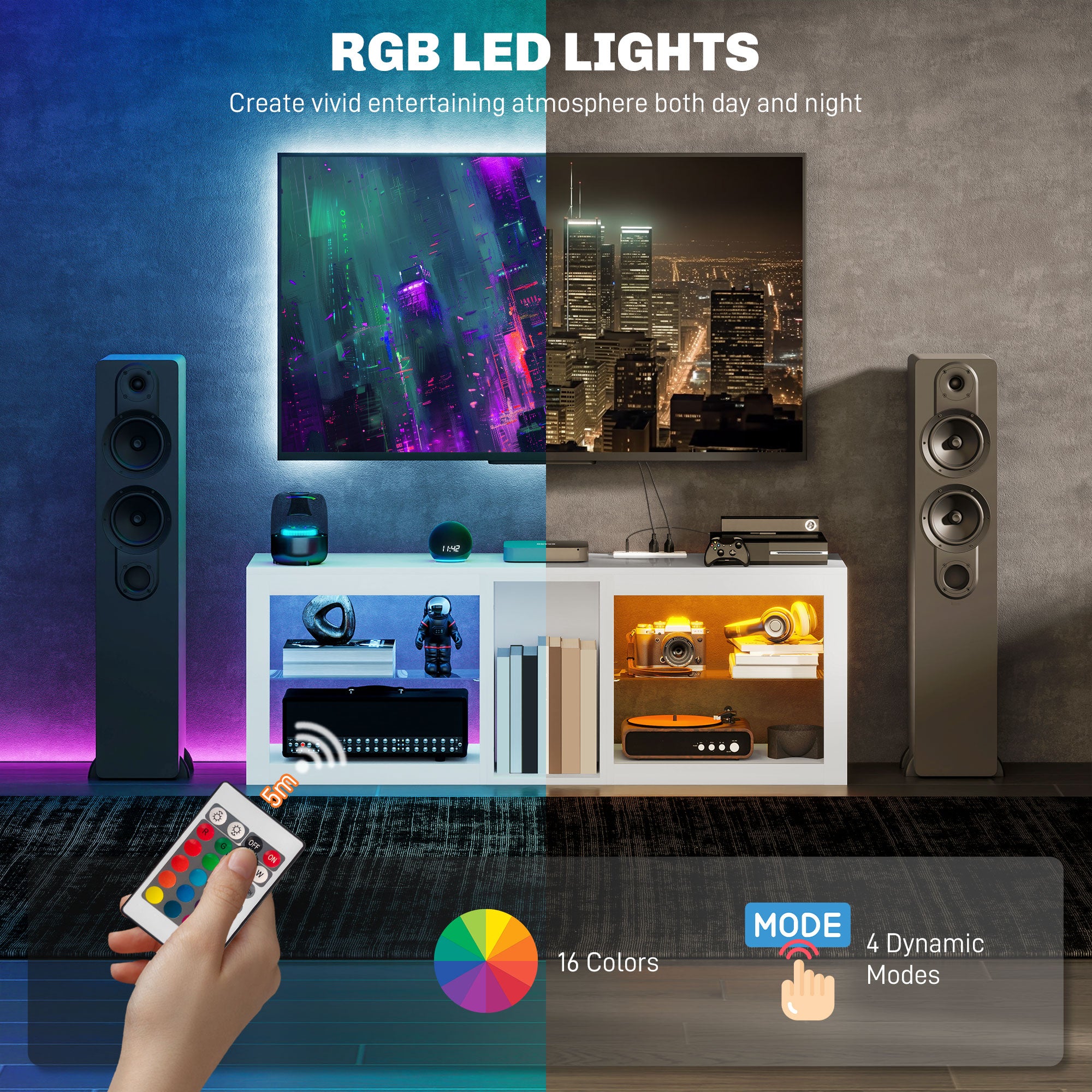 TV-Ständer Center für 55" mit LED-Lichtern und Stromsteckdosen TV-Fernsehschrank mit einstellbaren Regalen Hochglanz