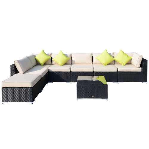 Outsunny 8-teiliges PE-Rattan-Ecksofa-Set mit dicken Polstern, Aluminium-Außenbereich-Rattan-Gartenmöbel-Set mit Glasplattentisch, keine Montage erforderlich, Schwarz