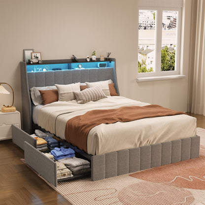 Bettgestell in Queensize mit LED, Stauraum-Schubladen, Flügel-Kopfteil - Hellgrau